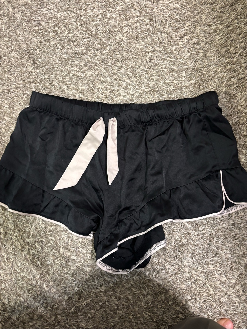 Victoria's Secret Black Ruffle Satin Lounge Shorts with Light Pink Drawstring